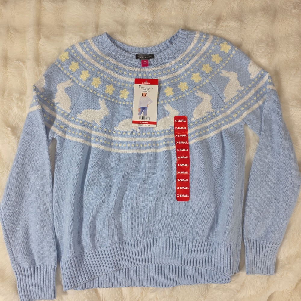 Vince Camuto Easter Sweater Womens XS Light Blue New Bunny Rabbit Fair Isle Star